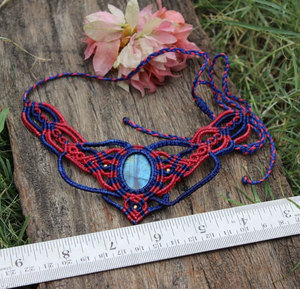 Labradorite Macrame <b>Necklace</b> Red Blue Thread Oval Gem Boho Handmade <b>Statement</b> Jewelry for Women - Product Image 3