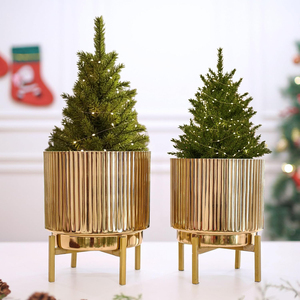 Fluted Metal Indoor Planters with Stands, Golden - Set of 2 Metal planter <b>pot</b> in Golden – for potted plants & <b>succulents</b> planter - Product Image 1