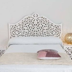Luxury Handcrafted Solid Wood Bed <b>Frame</b> Ornate Floral Jaali Arch Carving <b>Antique</b> White Wash Finish - Product Image 3