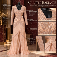 Robe de soirée pêche perlée à découpes avec manches longues transparentes |   Robe de soirée longue avec col en V et fente avant discrète