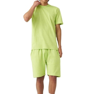 Men's Lime Green Cotton T-Shirt And Shorts <b>Set</b> Crew Neck Casual Summer Wear Breathable <b>Knitted</b> Solid Color Two Piece Outfit - Product Image 2