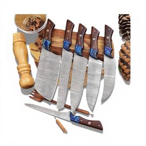 Juego de Cuchillos de Cocina Profesionales de 7 Piezas, Acero de Damasco con Patrón Trenzado, Personalizable OEM ODM OBM, Madera de Grado Industrial, Ecológico - Product Image 1