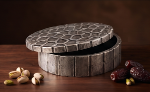 Boîte de rangement élégante en métal argenté rond pour fruits secs et dates, organisateur de table avec couvercle mosaïque - Product Image 5