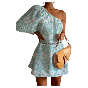 Vestido Casual de Verano 2026 Nuevo con Estampado de Algodón de Color, Hombro Descubierto, Manga Abullonada y Cintura Imperio, Largo hasta la Rodilla, ¡Venta Caliente! - Product Image 3