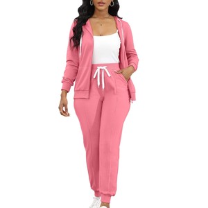 Ensemble de survêtement violet pour femme, couleur unie, manches longues, à capuche, fermeture éclair, décontracté, taille plus, coupe régulière, automne - Product Image 5