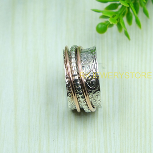 Bague tournante artisanale en argent sterling 925 et cuivre, large, pour la méditation et la réflexion, motif floral sculpté vintage, bijou - Product Image 6
