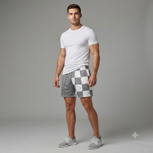 Shorts de bain sublimés pour hommes, gris et blanc, taille élastique, séchage rapide, décontractés, en polyester tissé - Product Image 1
