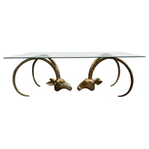 Vintage design brass ibex horn coffee <b>table</b> with beveled glass top sculptural animal horn base luxury safari style center <b>table</b> - Product Image 4