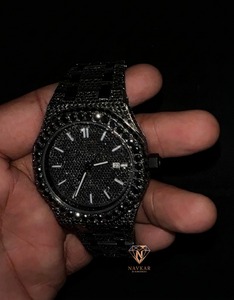 Navkar Diamonds Men's Black Diamond <b>Watch</b> 42mm Stainless Steel <b>Watch</b> Round <b>Case</b> Analog Quartz Date Display Luxury Fashion <b>Watch</b> - Product Image 1