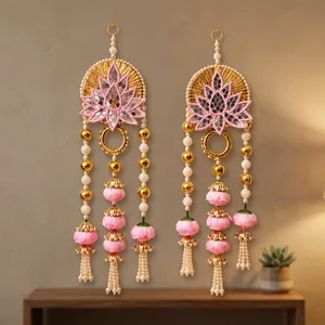 Pink Lotus Wall Hanging With Gold Beads And Tassels For Diwali Indoor Decor - Product Image 3