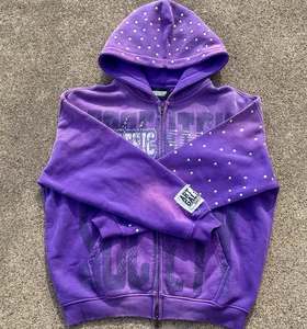Custom Washed Full Zip Hoodie with Decorative Stud Embellishment and Tonal Vintage Graphic Design Relaxed Fit Premium Hoodies - Product Image 3