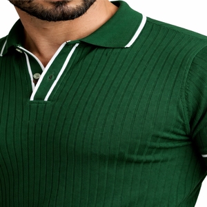 Chemise Homme Tricotée Côtelée Texturée à Manches Courtes avec Bordure Contrastante aux Poignets, Col Contrastant en Coton, Poche Poitrine, Coupe Slim, Style Vintage, Séchage Rapide - Product Image 4