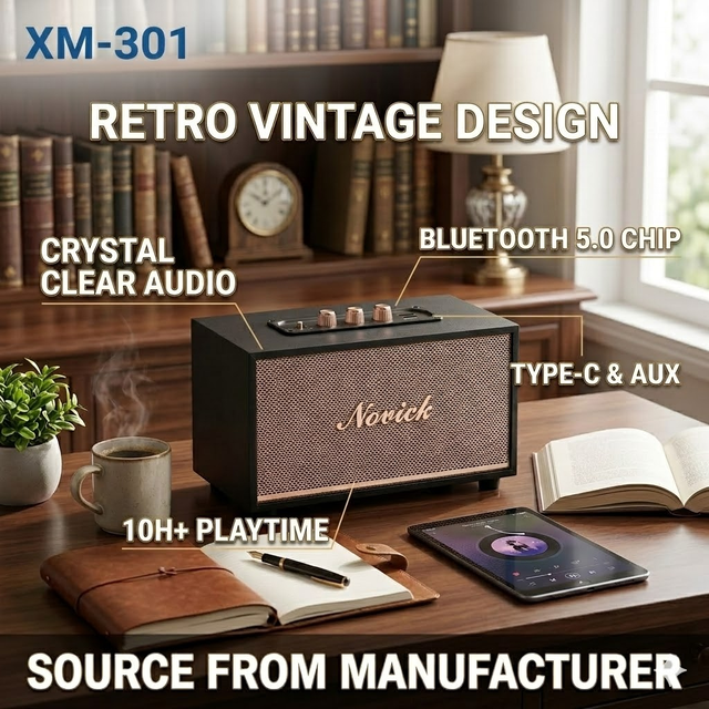 XM-301 Retro Wood Grain Speaker 10W Heavy Bass Subwoofer Vintage Desktop Audio Player with Metal Knob Control Home Music