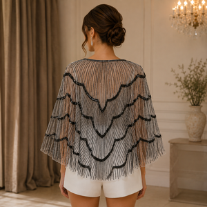 Blusa tipo poncho para mujer, de malla transparente con volantes en capas, negra con bordado en contraste, elegante, de corte holgado, para fiesta y noche, prenda de moda. - Product Image 4
