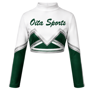 Maillot de sport à manches longues vert foncé et blanc sublimé pour cheerleading, entraînement, compétition et matchs d'équipes sportives - Product Image 1