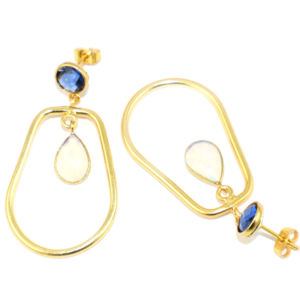 Magnifiques Boucles d'Oreilles Pendantes en Laiton Plaqué Or 22K, Forme Fantaisie, Saphir Bleu, Opalite et Quartz Hydro, Motif Damier Tendance, Vente en Gros - Product Image 3