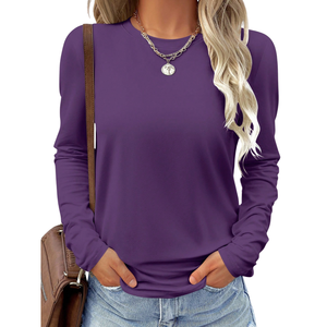 Womens Casual <b>Long</b> <b>Sleeve</b> Crew Neck <b>Top</b> Soft <b>Stretch</b> Fabric Breathable Basic Everyday Shirt Comfortable Loose Solid Color - Product Image 1