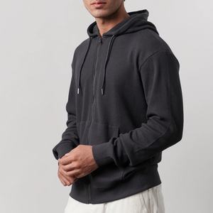 Men's Charcoal Waffle Knit <b>Zip</b> Up Hoodie Premium Cotton Blend Full <b>Zip</b> <b>Hooded</b> Sweatshirt Casual Winter Jacket OEM ODM - Product Image 4