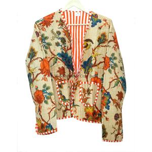Indian Handmade 100% Cotton Knitted Printed Stripe Breathable Quilted <b>Jacket</b> <b>Short</b> Stylish Bohemian Women's Autumn Reversible - Product Image 6