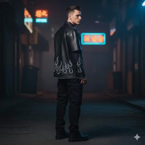 Chaqueta de Cuero PU Negra Personalizada para Hombre, Estilo Urbano, con Gráfico de Llama Bordado, Manga Corta, Transpirable, Tallas Grandes, Camisas Hip Hop - Product Image 3