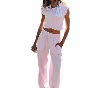 Conjunto Deportivo de Dos Piezas para Mujer, Estilo Casual, Transpirable, de Punto, Color Rosa, Top Corto sin Mangas y Pantalones Holgados, para Primavera/Verano - Product Image 1
