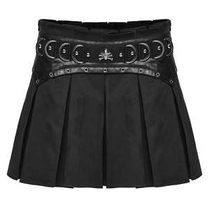 Jupe mini plissée noire pour femme style gothique punk avec anneaux en D métalliques et emblème tête de mort - Taille haute coupe trapèze style streetwear - Product Image 1