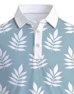 Men's Light Blue White Leaf Print Short Sleeve Polo Shirt Casual Breathable Cotton Oxford Fabric Digital Printed Regular Fit - Product Image 2