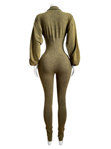 Mono largo ajustado sexy para mujer, verde oliva, de manga larga, con cuello camisero y botones, ideal para discoteca - Product Image 3