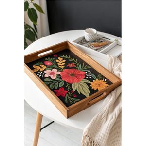 Handcrafted Wooden Serving Tray with Floral Folk Art Design - Rectangular Decorative Wood Platters for Home Decor & <b>Coffee</b> <b>Table</b> - Product Image 1