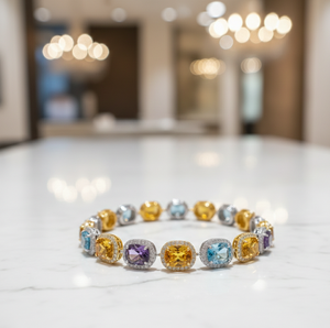 Brazalete de Plata de Ley 925 Chapado en Oro de 18K con Circonitas Cúbicas, Hidro Azul y Amatista Azul, Talla 2.6, para Boda - Product Image 4