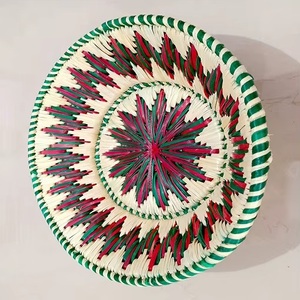 Panier rond tissé à la main avec motif géométrique orange et vert, décoration bohème pour la maison, décoration murale pour le salon, bol décoratif - Product Image 2