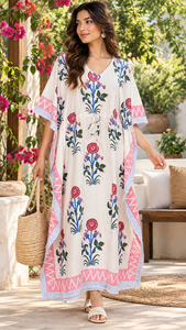 Robe Kaftan en Coton Fleuri pour Femmes, Kaftan Imprimé, Col en V, Taille Ajustable par Cordon, Manches Courtes, Style Bohème, Vêtement de Plage et de Vacances - Product Image 1