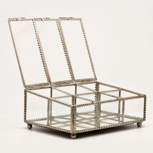 กล่องเก็บเครื่องประดับแก้ววินเทจ กล่องเก็บของทรงสี่เหลี่ยมหรูหรา กล่องเครื่องประดับกรอบโลหะแก้ว ของตกแต่งงานแต่งงาน - Product Image 1