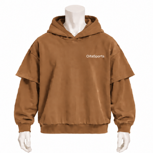 Camel Brown Double Layer Hoodie Oversized Short Sleeve Overlay Long Sleeve Pullover <b>Vintage</b> Casual Streetwear Hooded <b>Sweatshirt</b> - Product Image 1