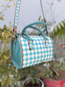 Hand Tooled Carving Leather Tote <b>Bag</b> Gypsy Boho New Arrival Checker Pattern Western Stylish Turquoise <b>Colour</b> Multi Uses <b>Bags</b> - Product Image 2