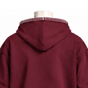 Sweat-shirt à capuche épais bordeaux avec bordure cousue, effet vieilli, surpiqûres contrastées, poche kangourou, coupe oversize décontractée - Product Image 4