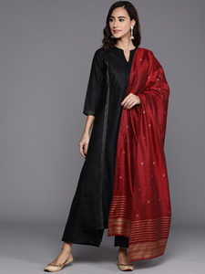 <b>Women</b> Black Yoke Design <b>Kurta</b> Palazzos Red Dupatta Traditional Regular Fit Knee-Length Cotton Set Casual Wear Quick Dry Digital - Product Image 1