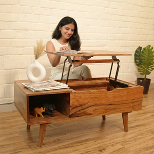 Mesa de Centro Moderna de Madera Maciza de Teca con Tapa Elevable para Estudio con Porta Laptop, Almacenamiento y Estantes Laterales, Mesa para Sala de Estar Woodensure - Product Image 5