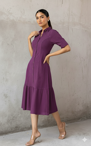Robe chemise violette à manches courtes, mi-longue, à ourlet évasé, boutonnée sur le devant, décontractée pour le quotidien, en coton tissé et fibre de bambou respirante, style printemps - Product Image 3
