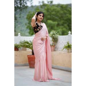 Sari indien en organza fait main avec embellissements pêche, imprimé floral scintillant, silhouette droite, design élégant, pour femme, toutes saisons - Product Image 2