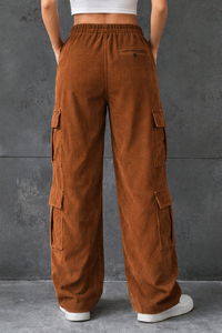 Pantalon cargo femme grande taille en toile, taille mi-haute, coupe paperbag, décontracté, coupe ample, multi-poches, coupe droite, style streetwear, délavé, automne - Product Image 3