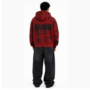 <b>Red</b> Oversized Zip-Up Hoodie <b>Men</b> Streetwear Printed Graffiti Style Breathable Knitted Hooded <b>Sweatshirt</b> Autumn Fashion Hoodie - Product Image 3