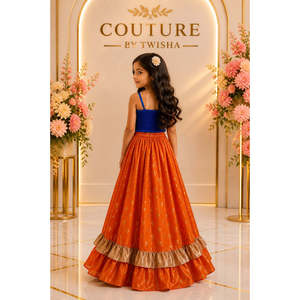 Girls Top with Lehenga Blue & Orange Sleeveless Solid Polyester Women's Sets - Product Image 5