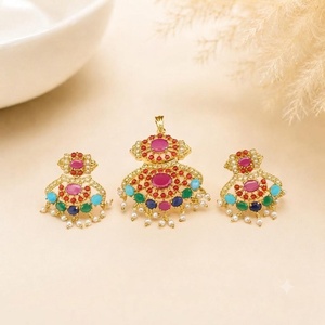 RAY FINE ORNATES Trendy Princess Cut Multi Gemstone Bridal <b>Statement</b> <b>Necklace</b> & Earrings Set Turquoise Emerald Pearl Gold Plated - Product Image 1