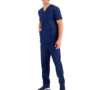 Conjunto de Uniforme Médico para Hombre, Cuello en V, Color Azul Marino, con Bolsillos, Pantalones de Manga Corta, Tejido de Algodón y Poliéster - Product Image 1