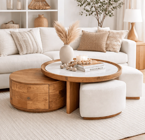 Oval red-veined beige <b>marble</b> <b>coffee</b> <b>table</b> supported by thick, semi-circular light wood legs, available at wholesale prices. - Product Image 5