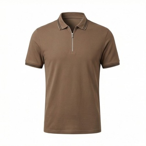 Polo à manches courtes pour homme, couleur marron, fermeture éclair, décontracté, tricot uni, coupe classique - Product Image 1