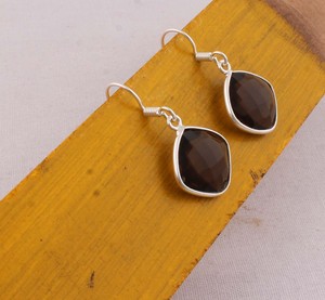 Boucles d'oreilles en quartz fumé en gros, en argent sterling 925, avec pierres précieuses taillées en coussin facetté, fabriquées à la main, cristal brun - Product Image 5