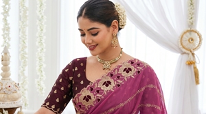 AARA Fashion Women's <b>Maroon</b> Silk <b>Saree</b> Gold Embroidery Traditional Wedding Wear India Pakistan Style Floor-Length Regular Fit - Product Image 2