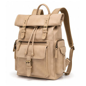 Full Grain Leather Rucksack for Men Women Casual <b>Backpack</b> with Multiple Pockets Adjustable <b>Straps</b> for Business Travel - Product Image 1